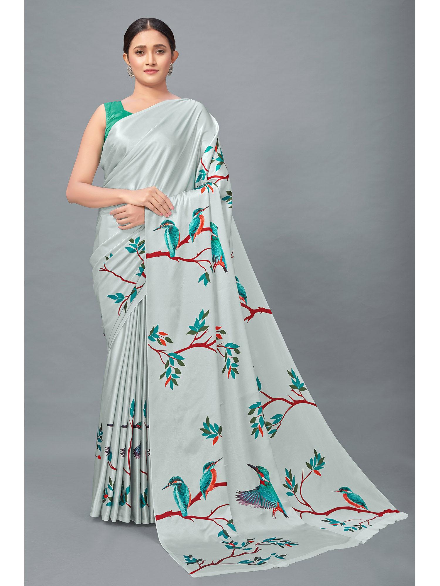 light grey color satin digital print saree with unstitched blouse