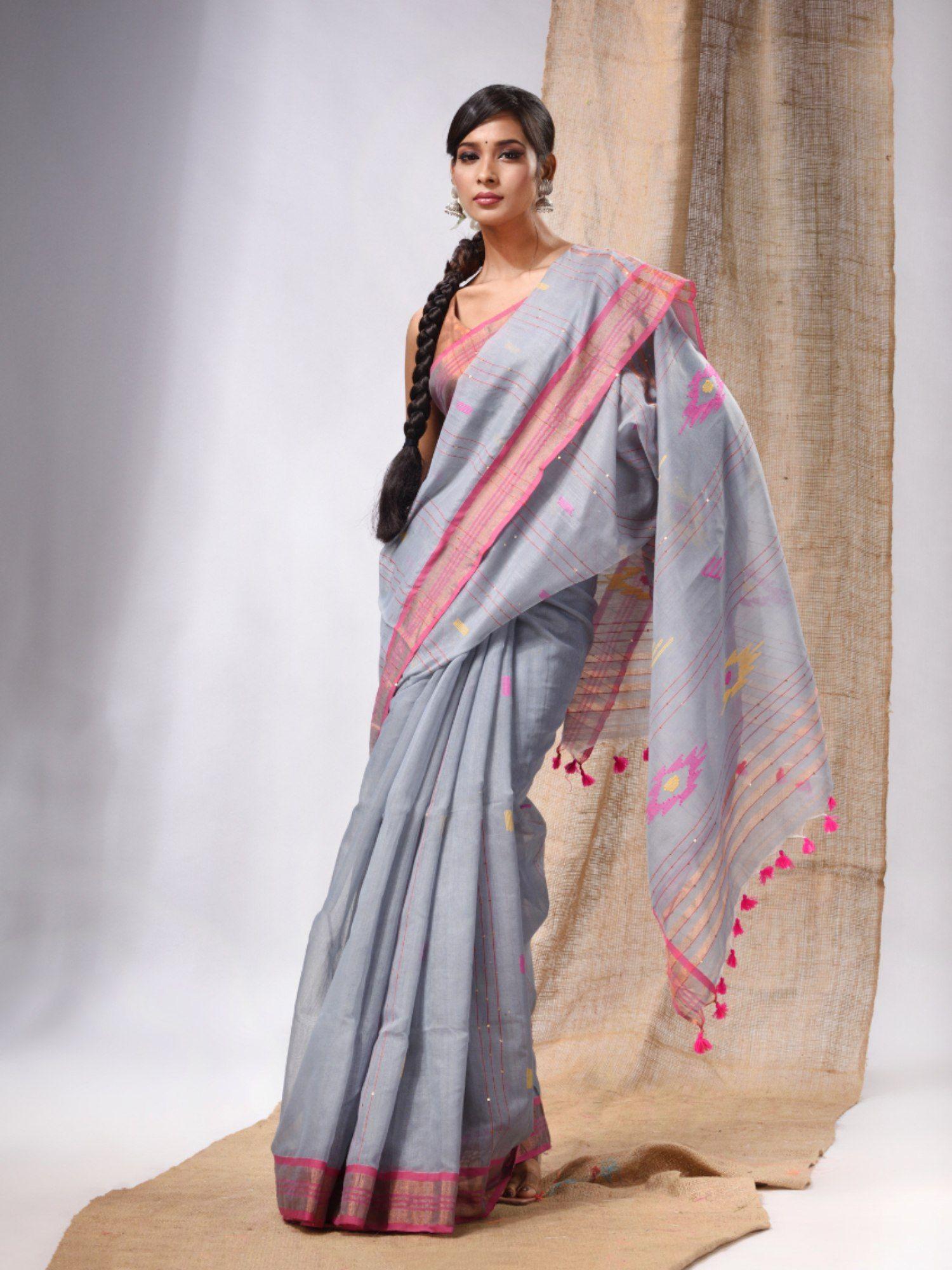 light grey cotton silk handwoven soft saree with sequins work & unstitched blouse