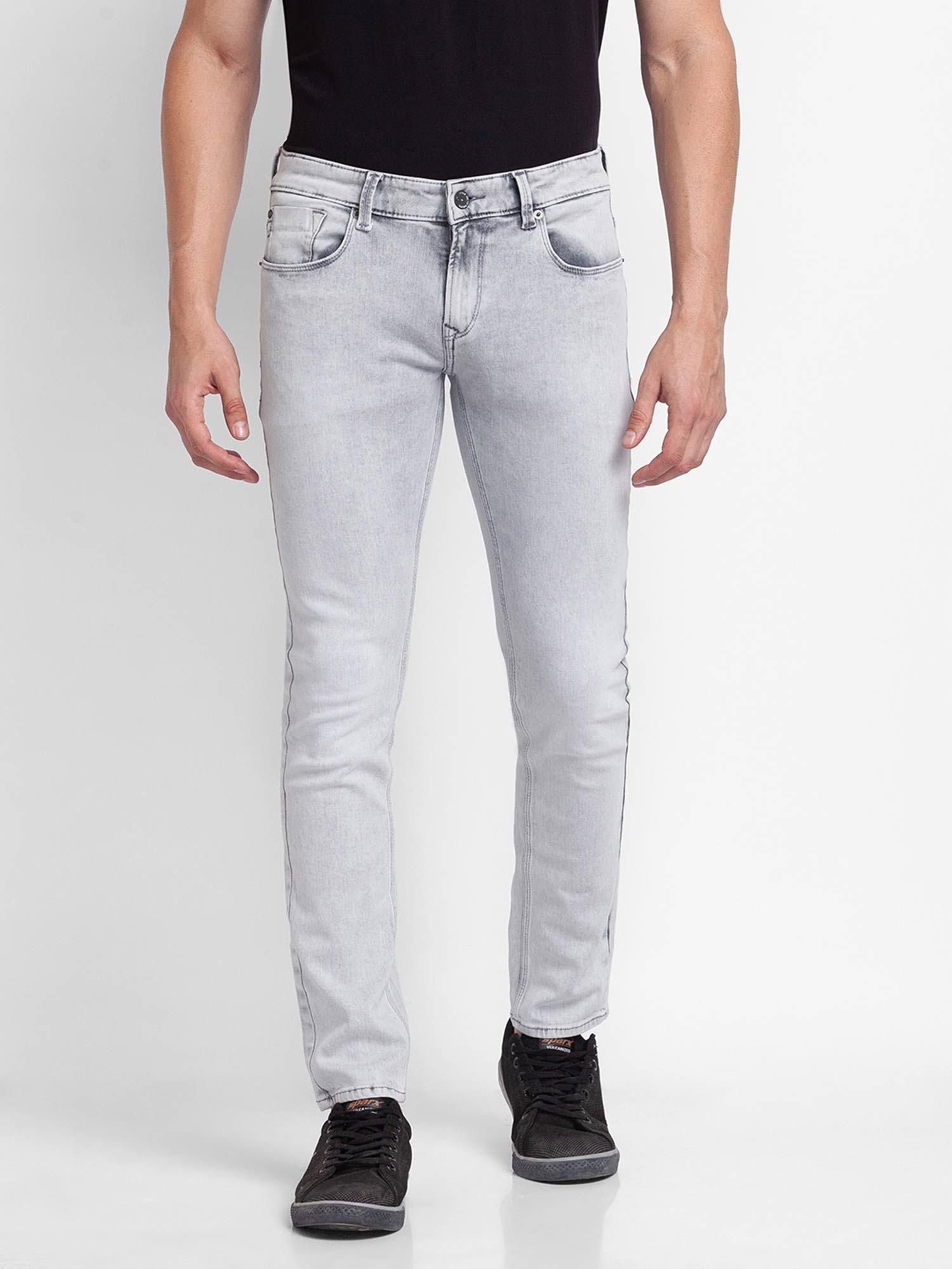 light grey cotton slim fit narrow length jeans for men (skinny)
