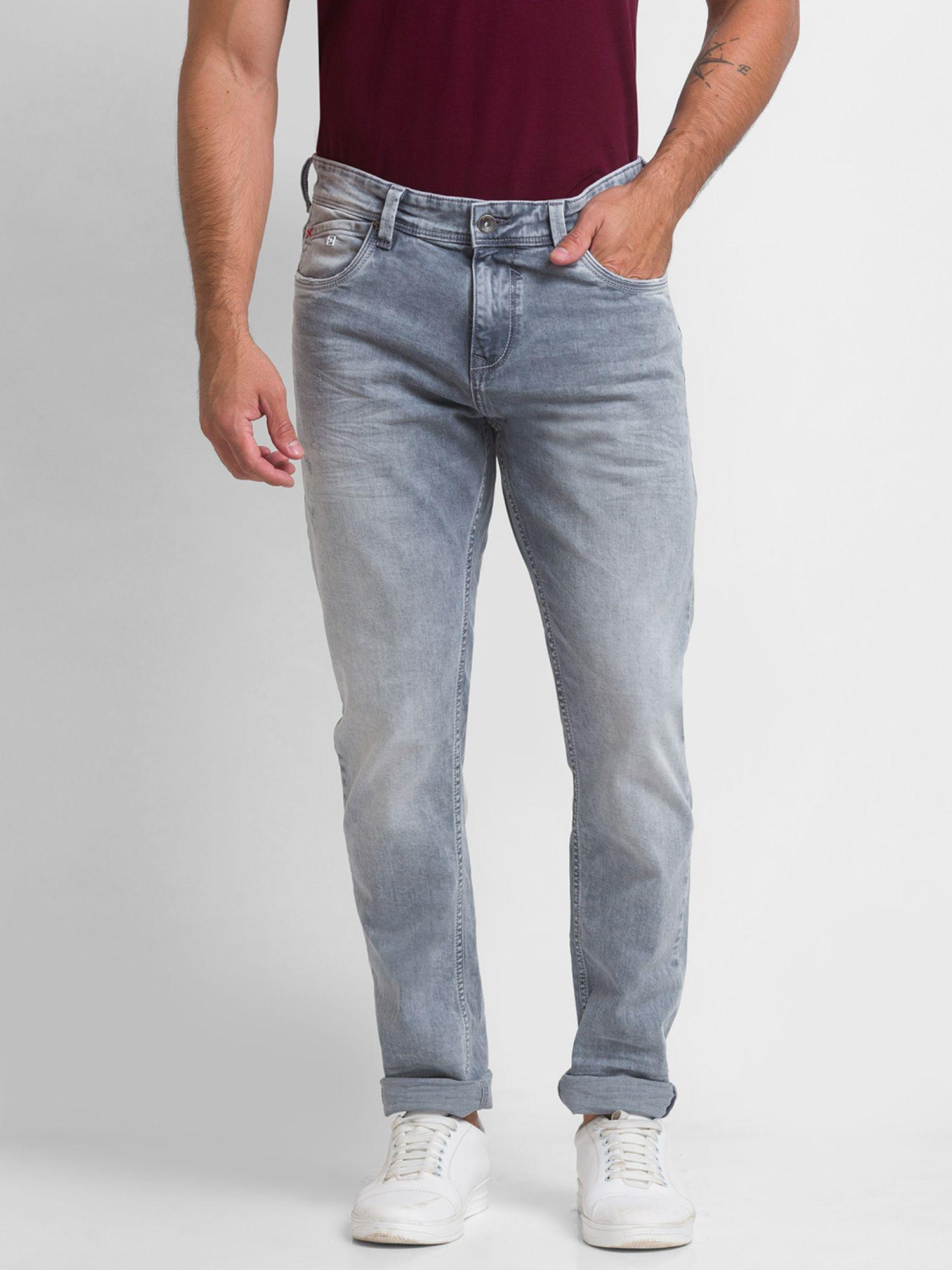 light grey cotton slim fit narrow length jeans for men (skinny)