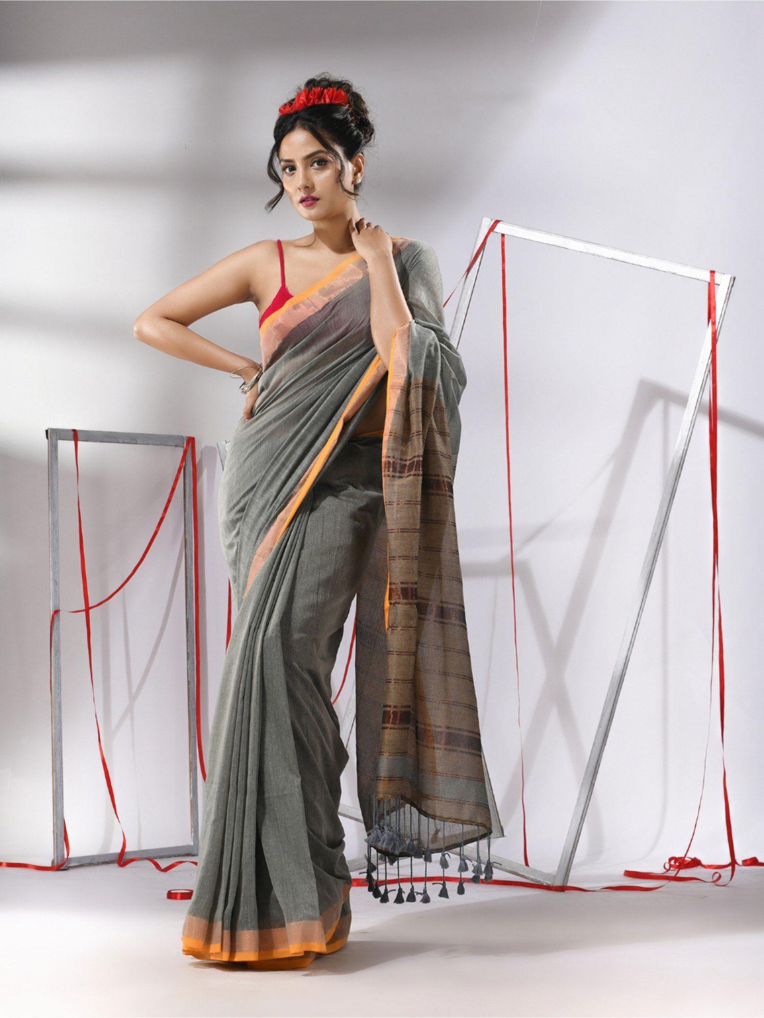 light grey cotton stripes zari pallu saree with unstitched blouse