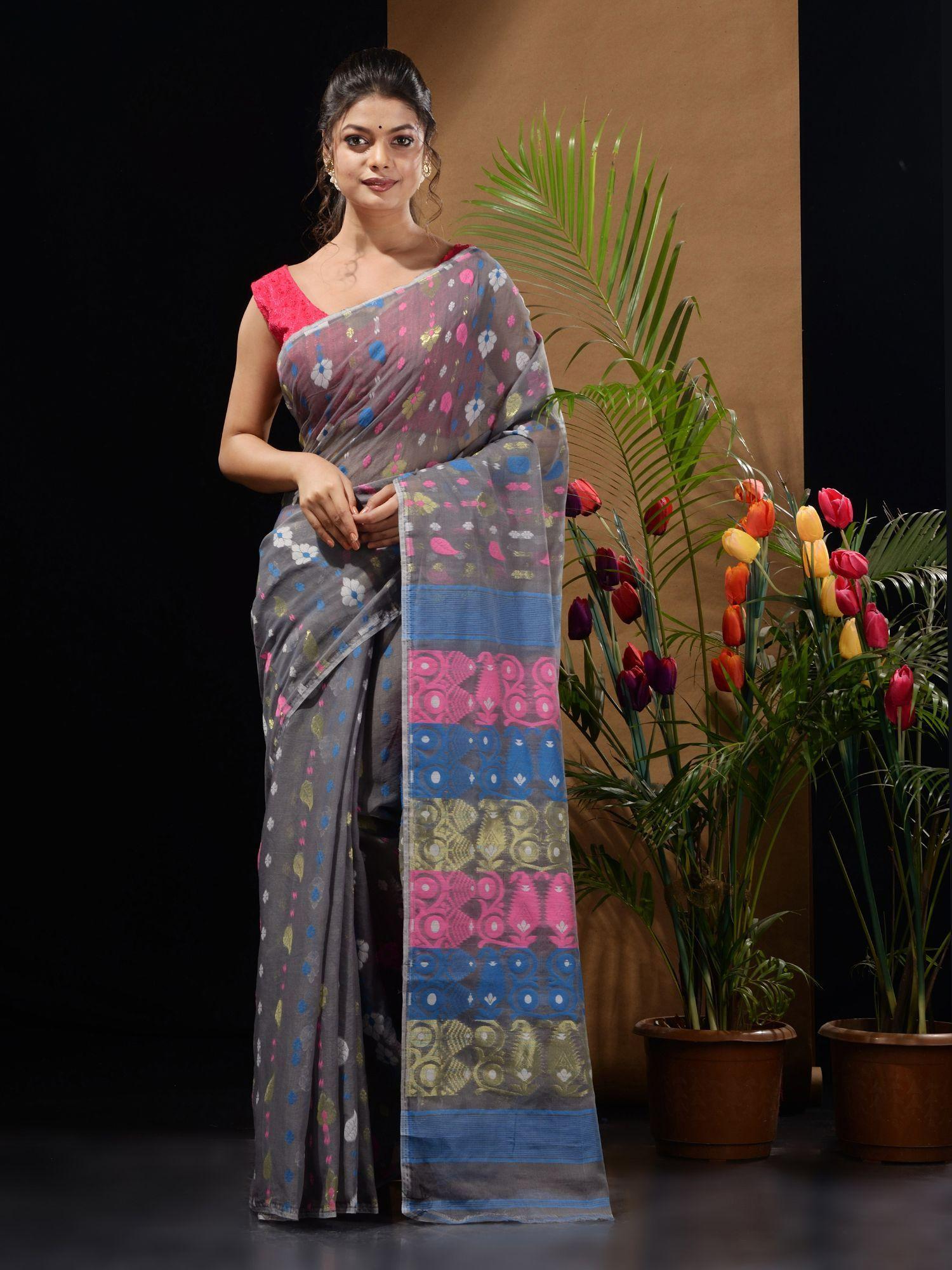 light grey handwoven saree with multicolor woven designs & motifs