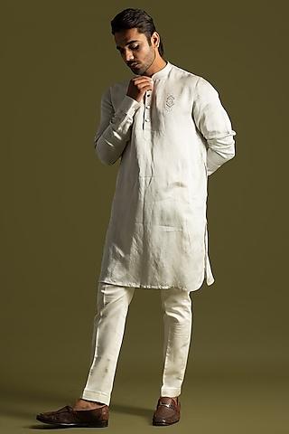 light grey linen satin motifs kurta set