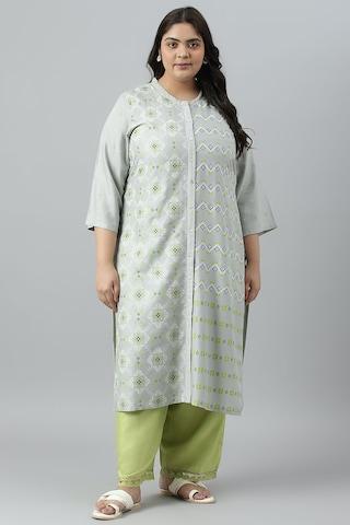 light grey print casual mandarin 3/4th sleeves women regular fit kurta