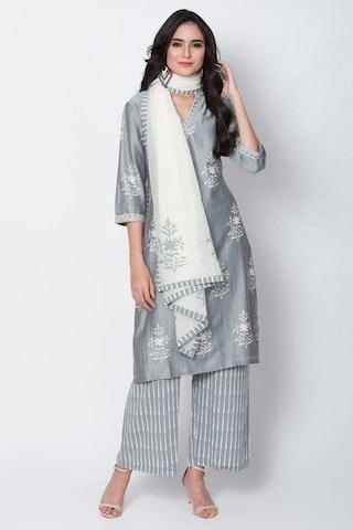 light grey print ethnic v neck 3/4th sleeves ankle-length women straight fit kurta dupatta palazzo set