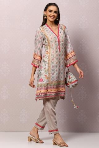 light grey printed ethnic v neck 3/4th sleeves ankle-length women straight fit pant kurta set