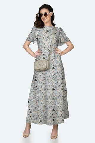 light grey printed round neck casual ankle-length short sleeves women regular fit dress