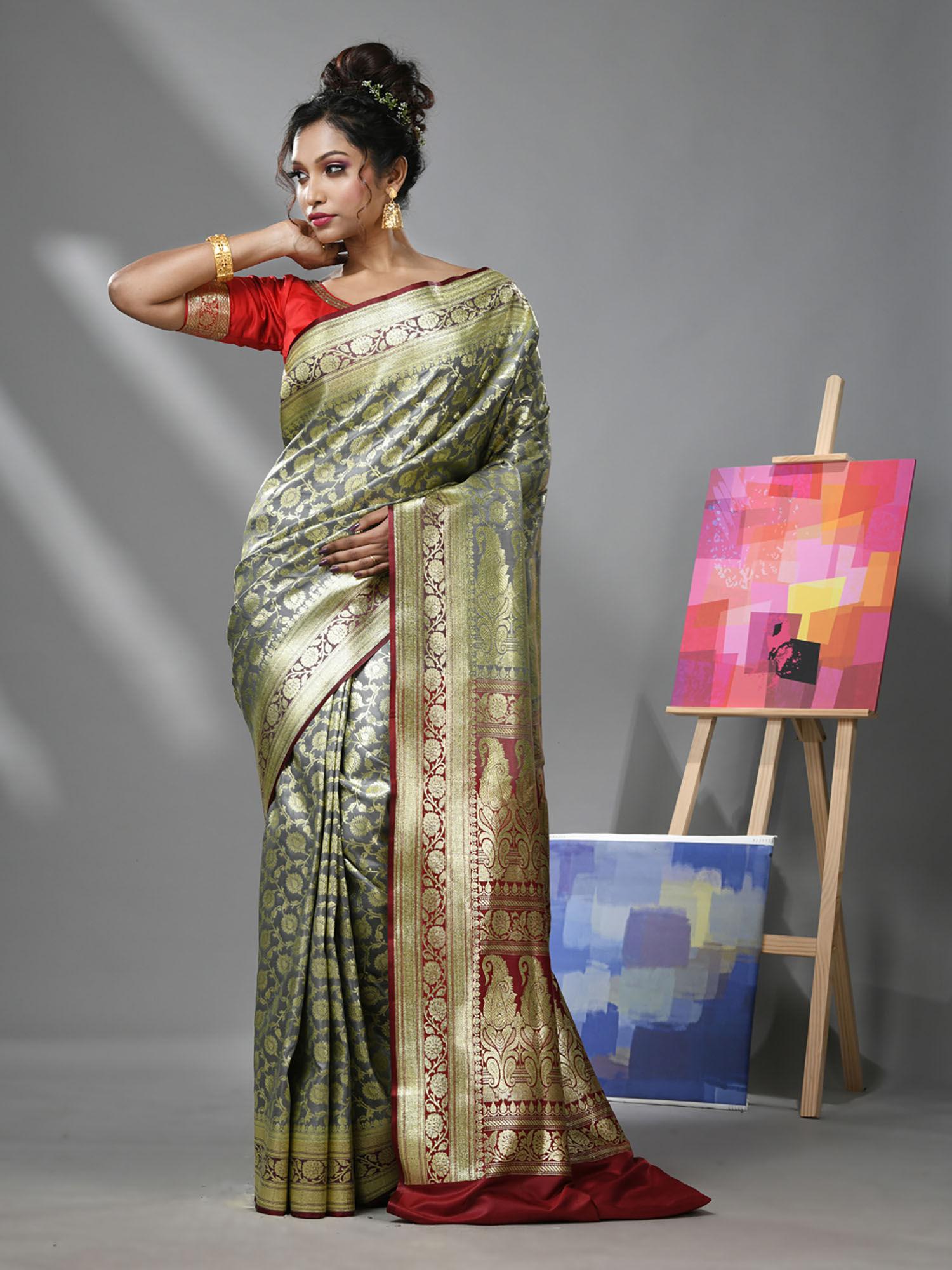 light grey silk banarasi saree with zari woven designs & unstitched blouse