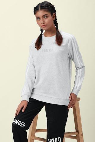 light grey solid active wear full sleeves crew neck women regular fit sweatshirt