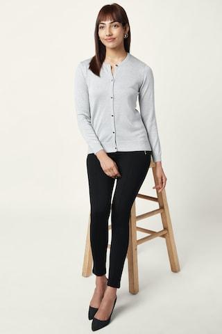 light grey solid formal full sleeves round neck women slim fit cardigan