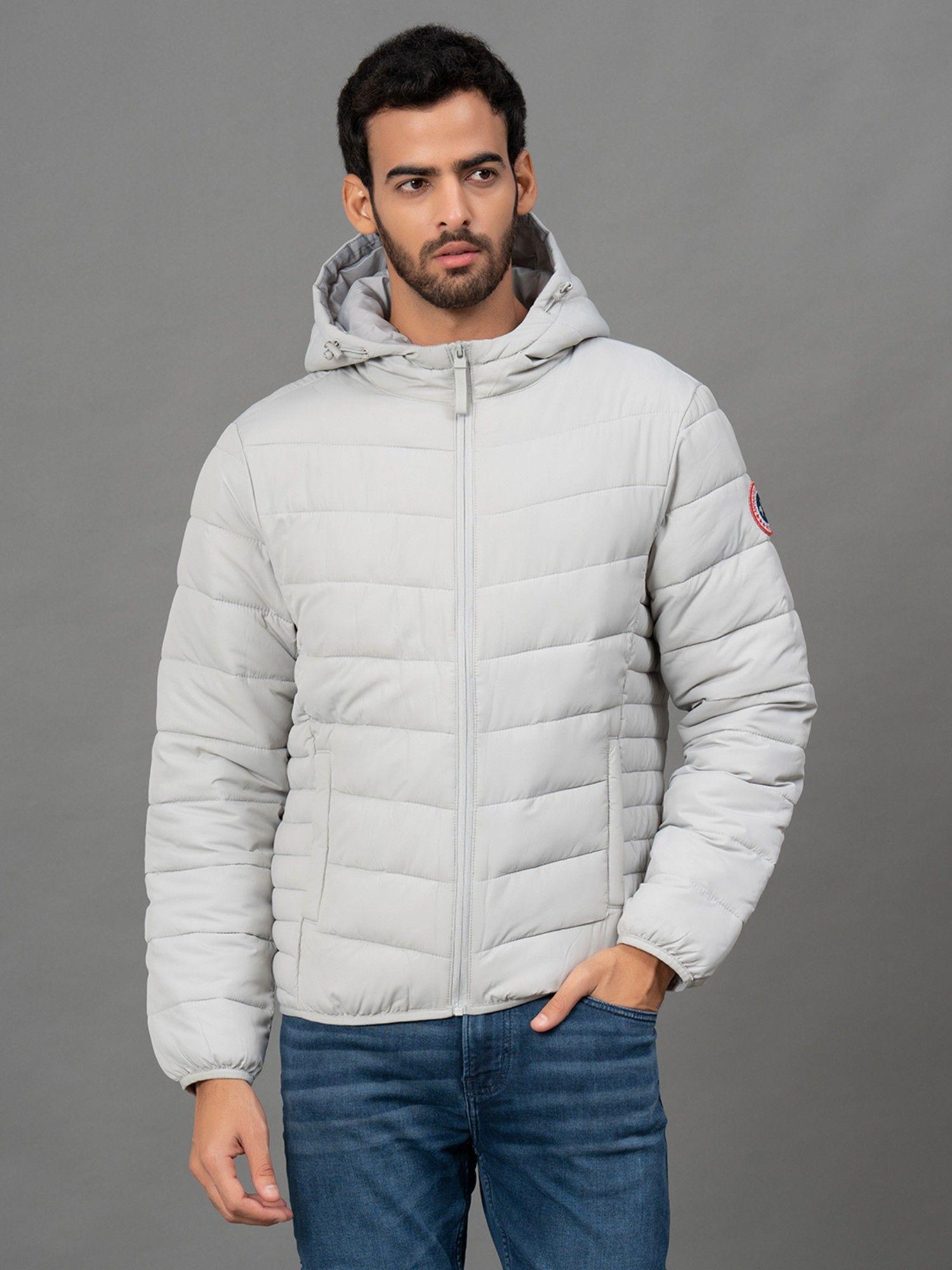 light grey solid polyester men's padded jacket