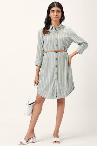 light grey stripe regular collar casual knee length 3/4th sleeves women comfort fit dress