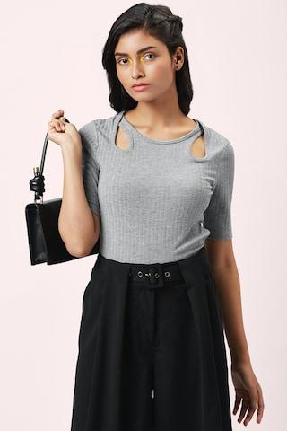 light grey textured casual elbow sleeves round neck women slim fit top