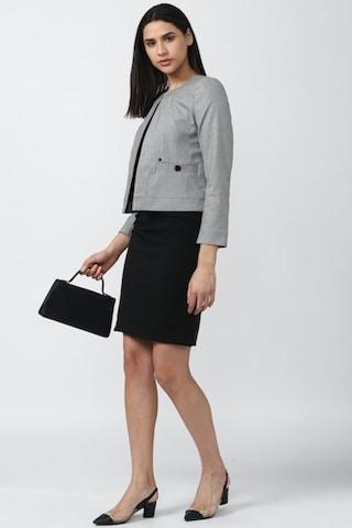 light grey textured formal full sleeves round neck women regular fit blazer