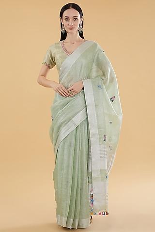 light mint green cotton silk floral embroidered saree set
