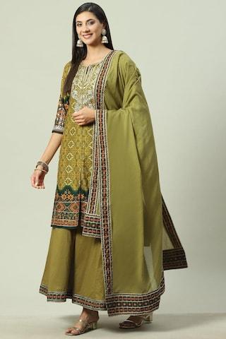 light olive embroidered casual round neck 3/4th sleeves ankle-length women straight fit kurta sharara dupatta set