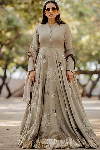 light olive green embroidered gown