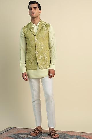 light olive green woven silk bundi jacket