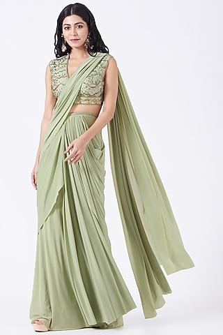 light olive lycra rayon pre-stitched saree set