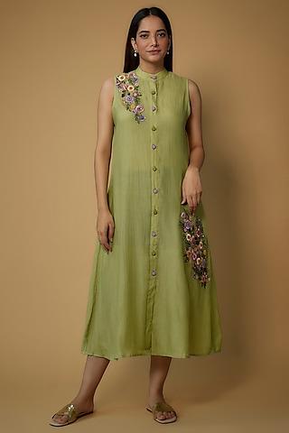 light olive organic cotton silk embroidered a-line dress