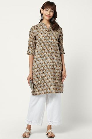 light olive printed casual mandarin 3/4th sleeves knee length women regular fit kurta