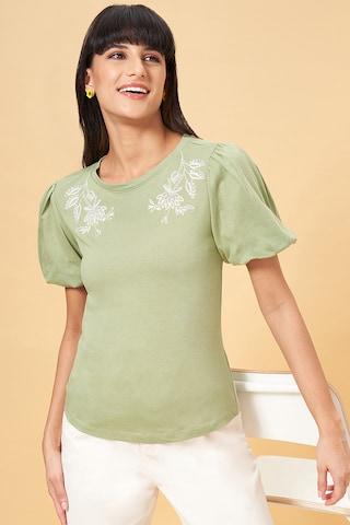 light olive printed cotton round neck women regular fit tops