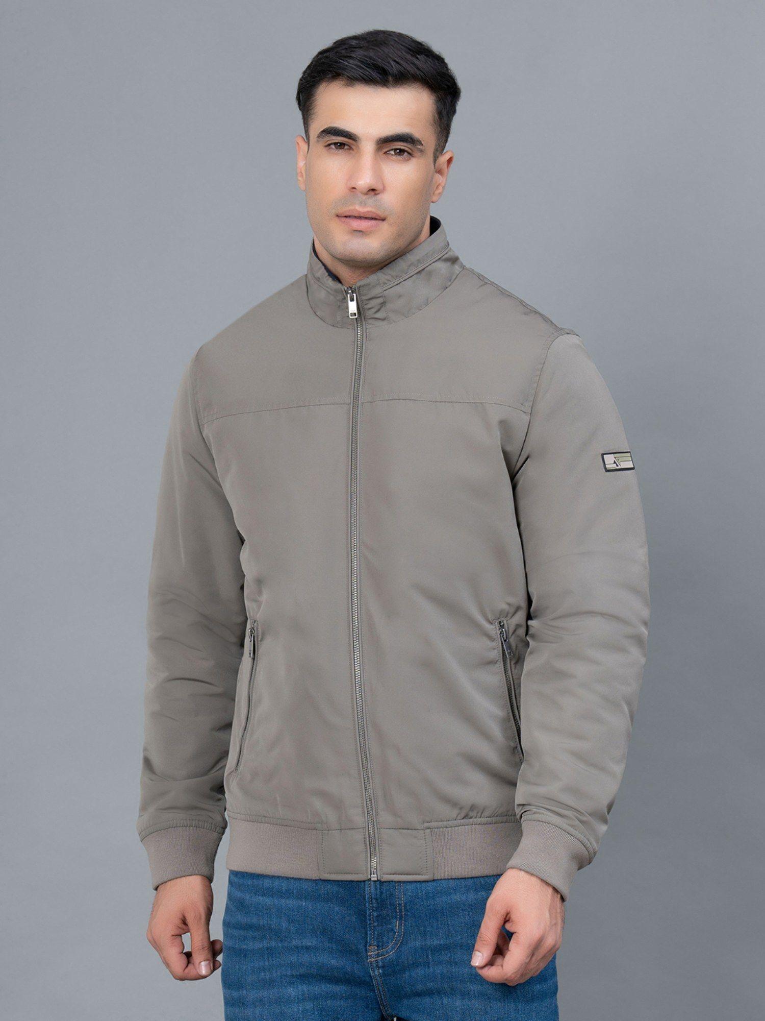 light olive solid polyester men's bomber jacket