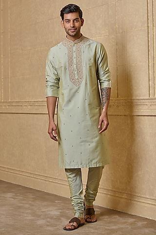 light olive viscose polyester thread embroidered kurta set