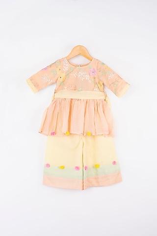 light orange & butter yellow embroidered short kurta set for girls
