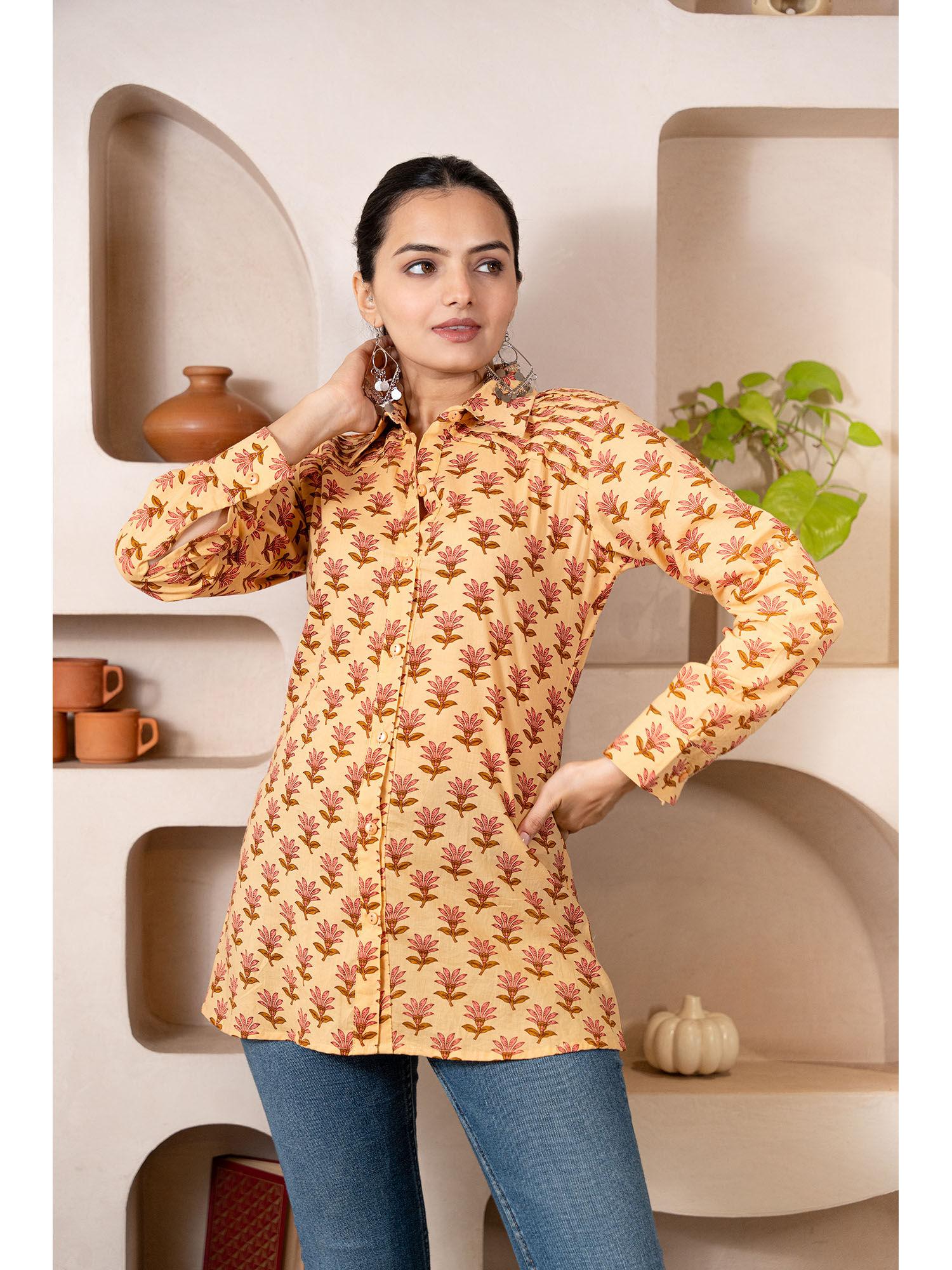 light orange cotton cambric floral print shirt