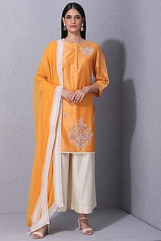 light orange floral hand embroidered kurta set
