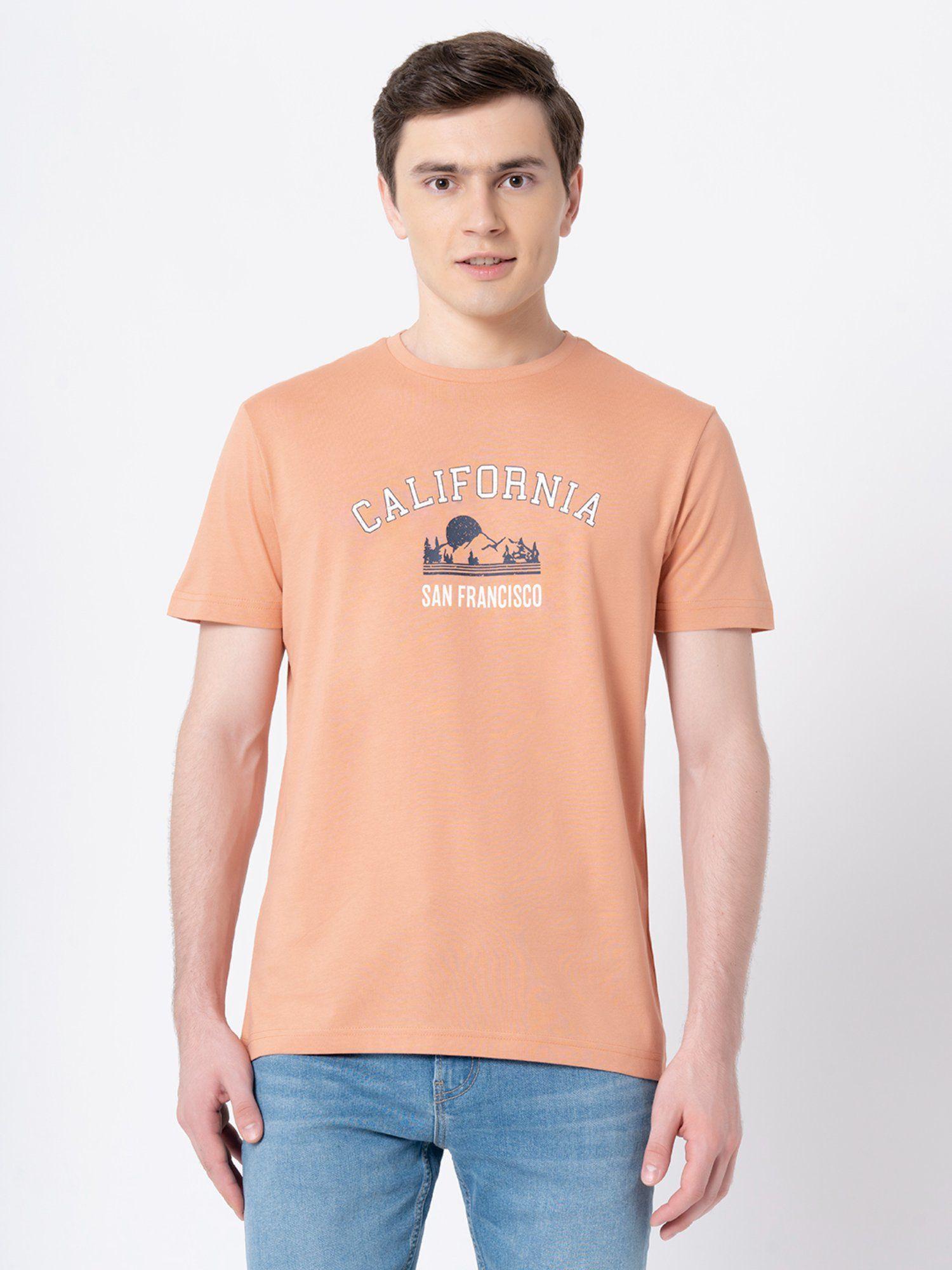 light orange graphic print pure cotton mens t-shirt