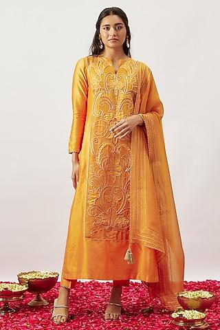 light orange handwoven chanderi zari dori embroidered kurta set