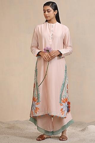 light peach chanderi placement printed kurta set