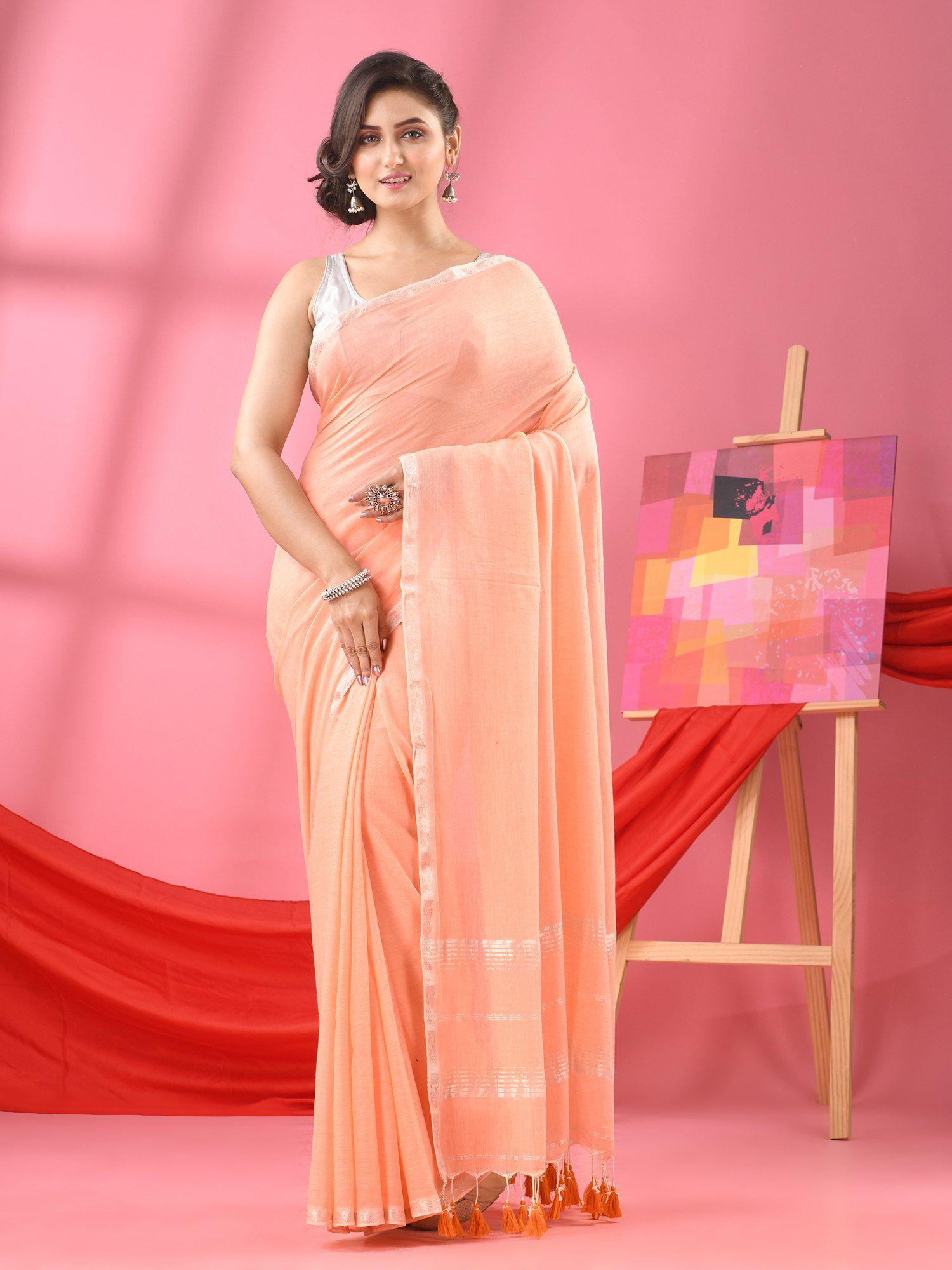 light peach cotton jacquard border handloom saree with unstitched blouse