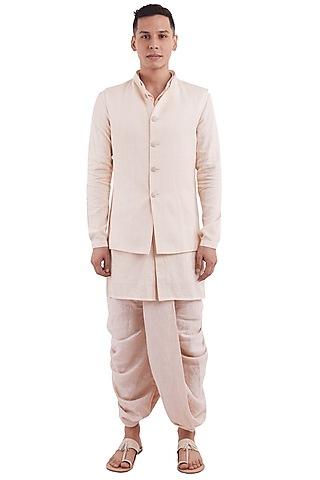 light peach linen kurta set with jacket