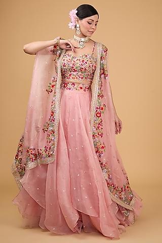 light peach organza thread & zardosi embroidered cape set