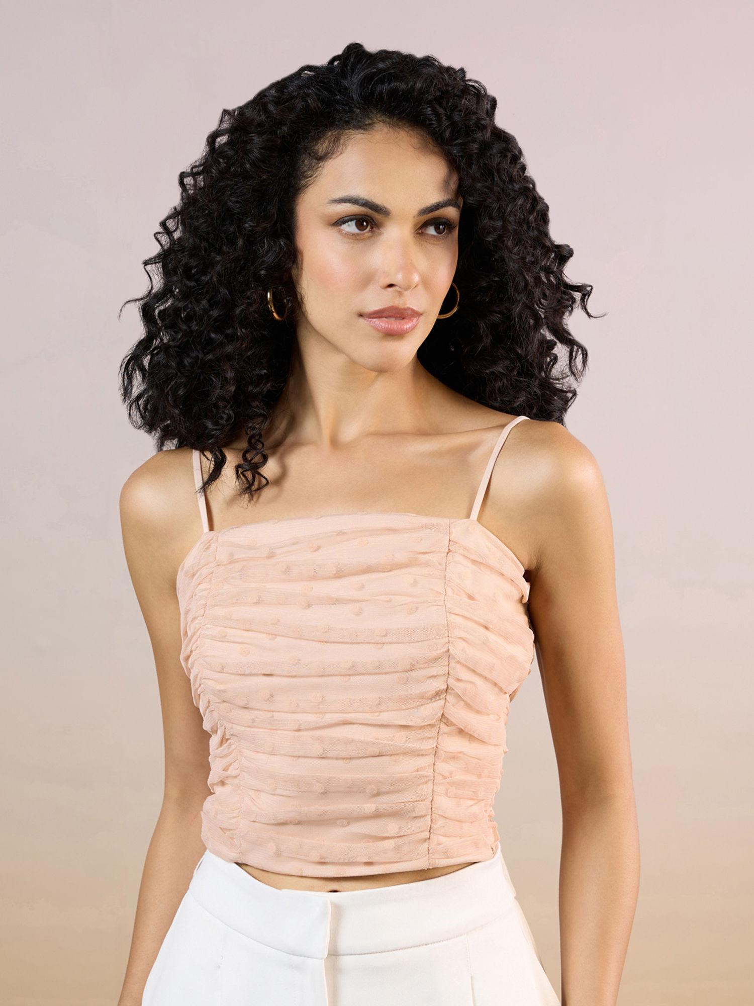 light peach polka dot ruched crop top