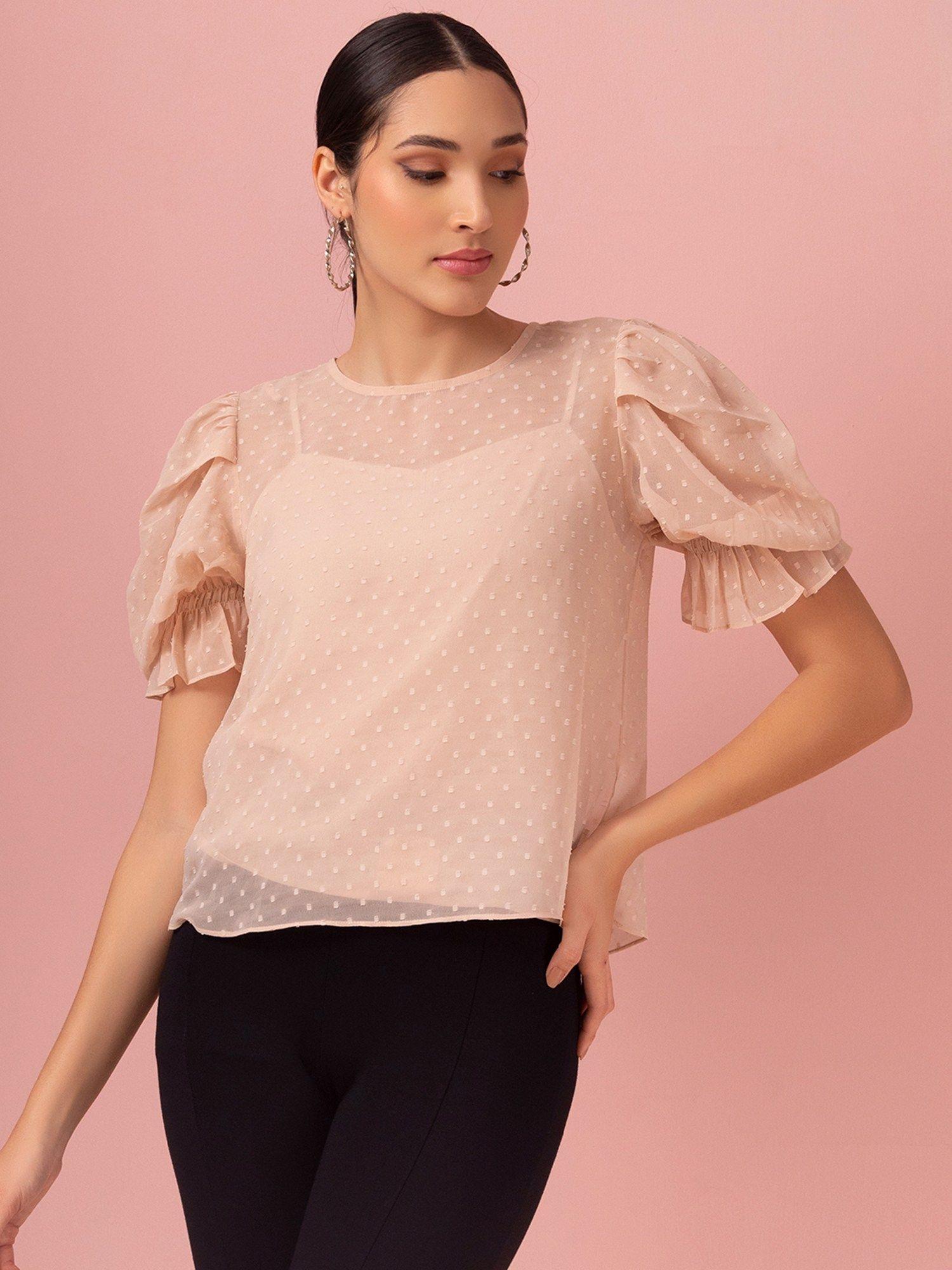 light peach puff sleeve blouse with camisole (set of 2)