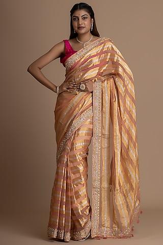 light peach pure tissue silk hand embroidered banarasi saree set