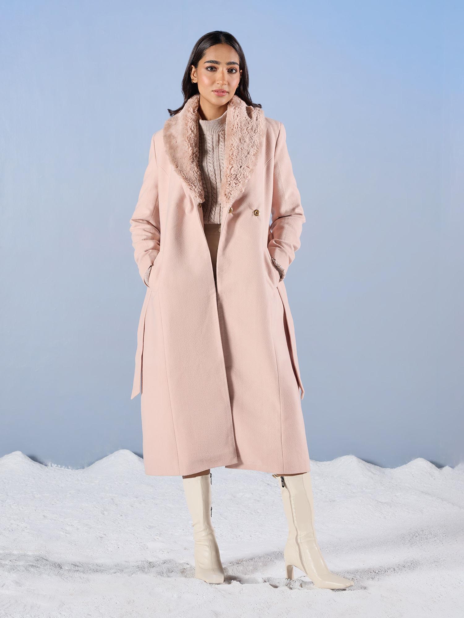 light peach solid fur collar a line midi overcoat (set of 2)