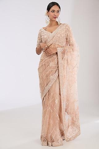 light peach tulle net & crepe hand embroidered saree set