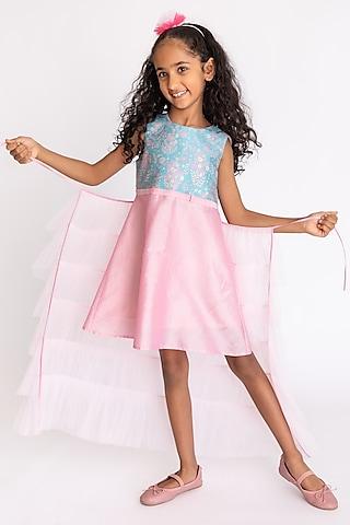 light pink & blue jacquard gown for girls