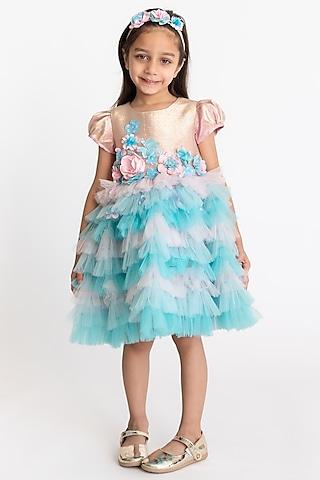 light pink & light blue tulle embroidered dress for girls