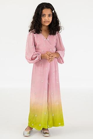 light pink & parrot green pure crepe salli embroidered ombre jumpsuit for girls