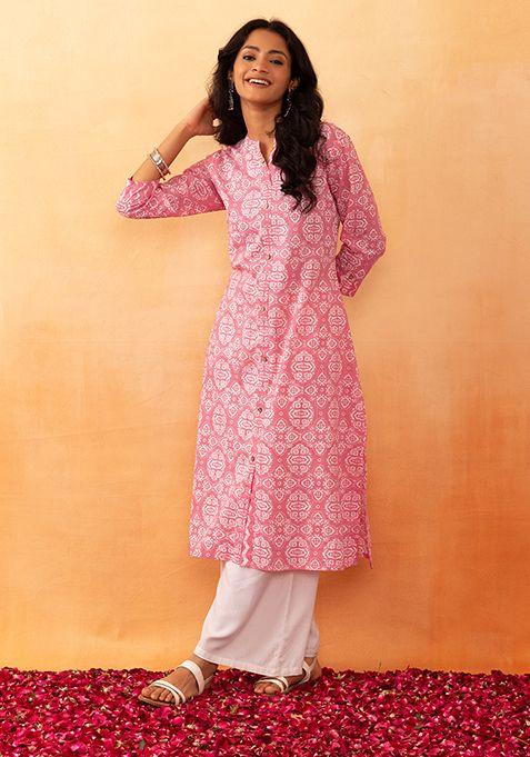 light pink batik print cotton straight kurta