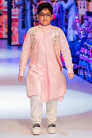 light pink chanderi applique embroidered bundi jacket set for boys