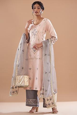 light pink chanderi embroidered kurta set