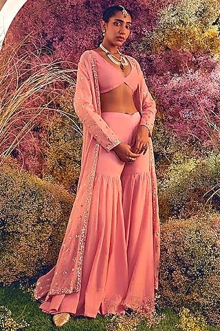 light pink chanderi tissue badla embroidered cape set