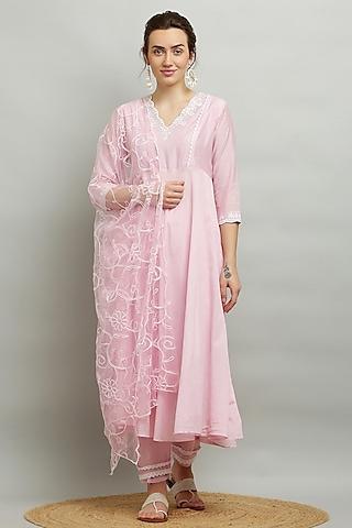 light pink cotton chanderi embroidered anarkali set